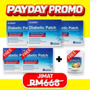 PAKEJ SEMBUH ( 3 KOTAK GLUVERA DIABETIC PATCH + FREE 2 KOTAK GLUVERA DIABETIC PATCH + FREE 1 TEH SERAP GULA)