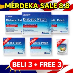 PAKEJ SEMBUH ( 3 KOTAK GLUVERA DIABETIC PATCH + FREE 2 KOTAK GLUVERA DIABETIC PATCH + FREE 1 TEH SERAP GULA)